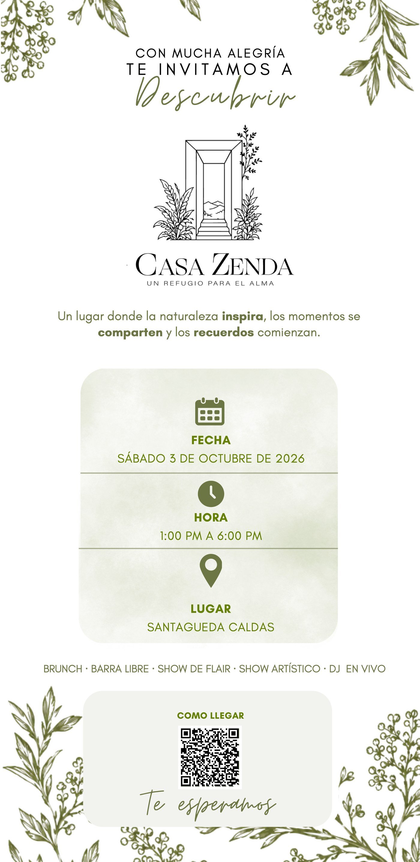 Invitacion de Casa Zenda: sabado 3 de octubre de 2026, de 1:00 p.m. a 6:00 p.m., en Palestina, Caldas. Brunch, barra libre, show de flair, show artistico y DJ en vivo.